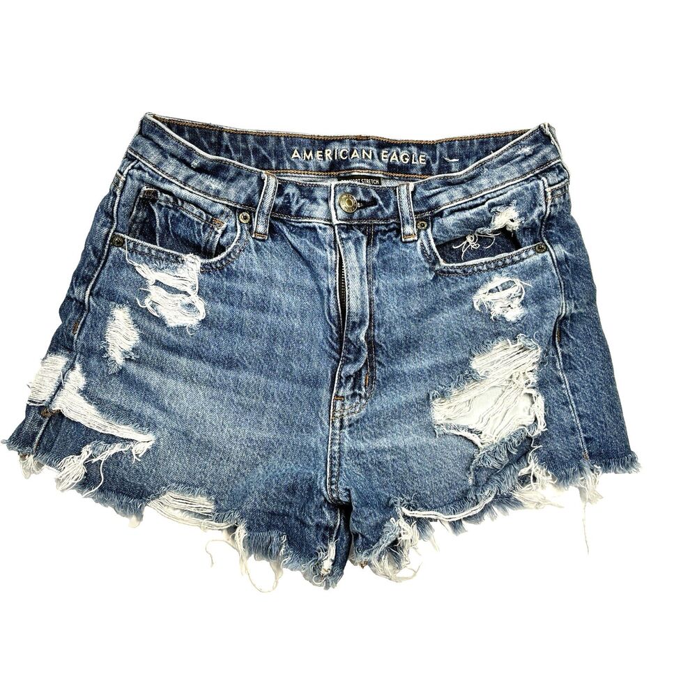 American Eagle Mom Shorts Sz 6 Blue Jean Denim Comfort Stretch Waist Distressed